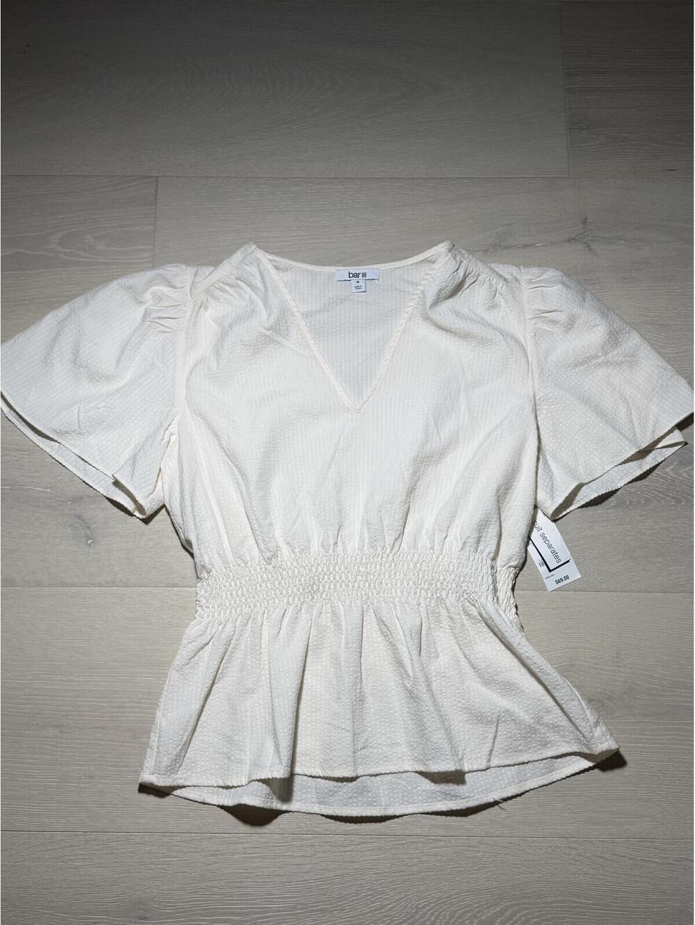 Bar III White Textured Peplum Blouse Women’s Medium Puff Sleeve V Neck NWT